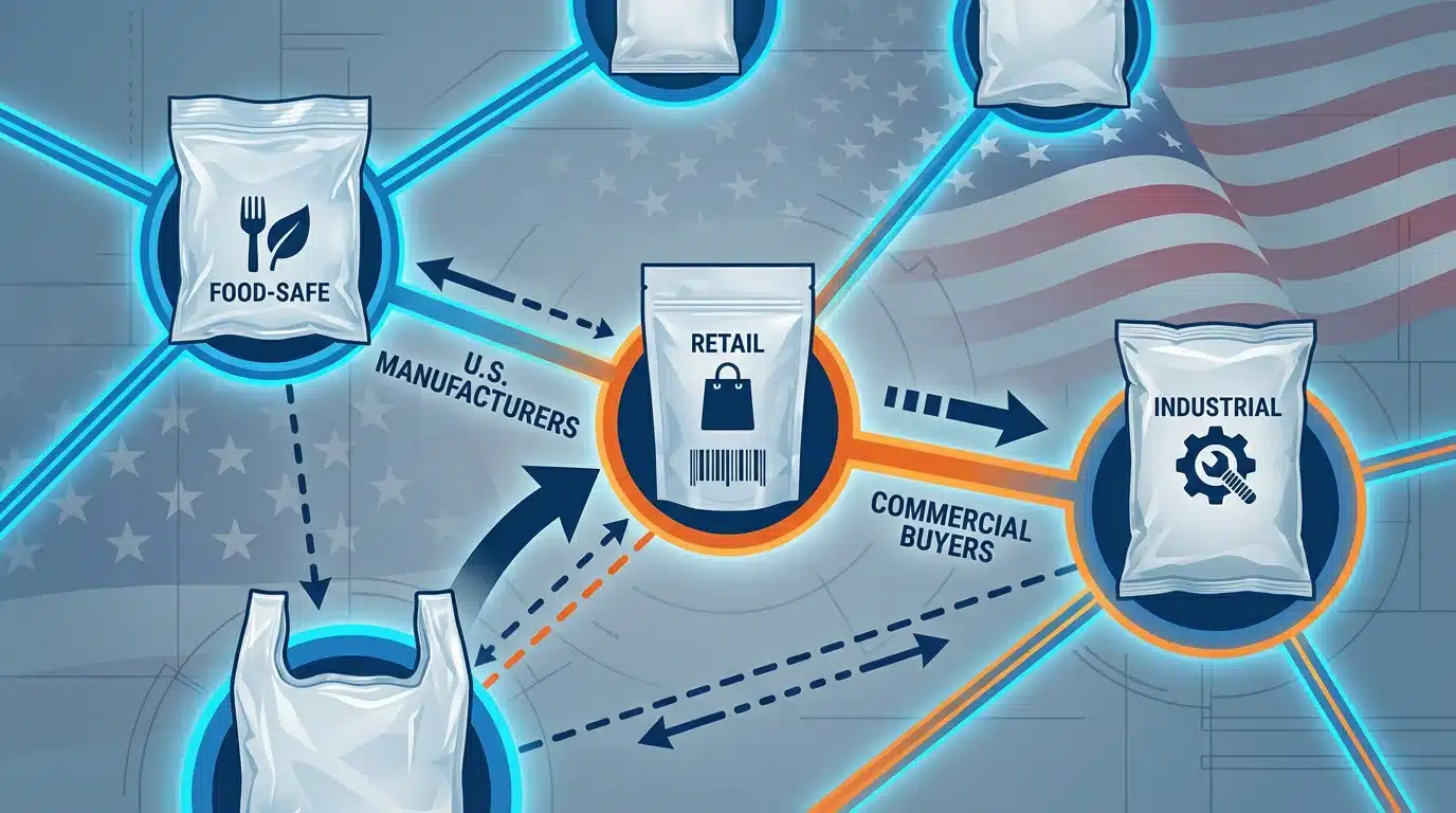 Stylized infographic of industrial and food-safe packaging supply chains. Arrows connect retail, manufacturers, and buyers over a faded U.S. flag background.