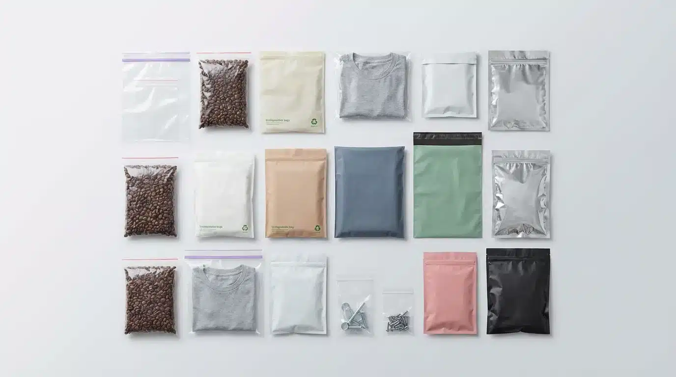 A collection of packaging bags arranged in a grid. Includes clear bags with coffee beans, shirts in translucent pouches, and colorful sealed pouches. Neat and minimalistic.