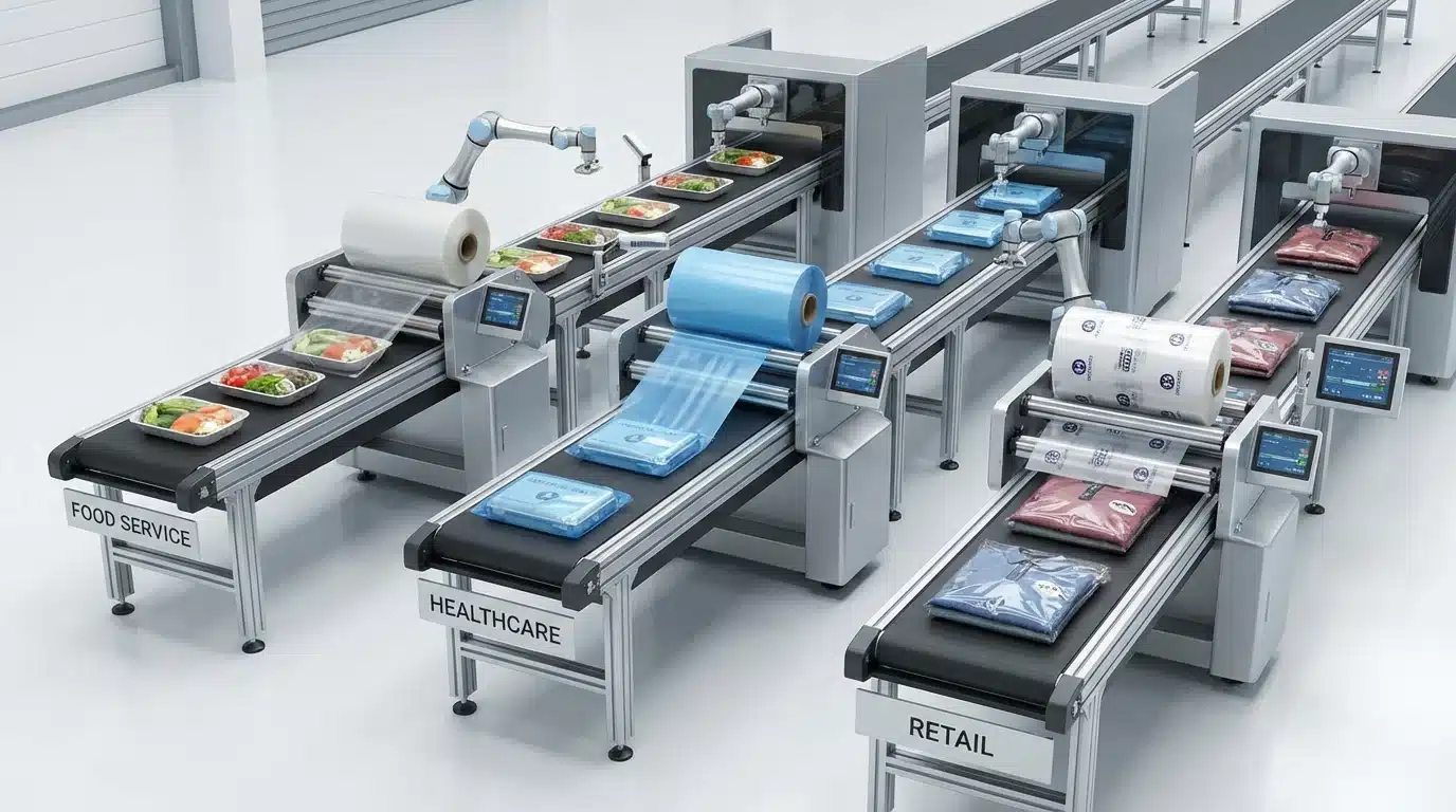 Three automated conveyor belts in a sterile environment are labeled 