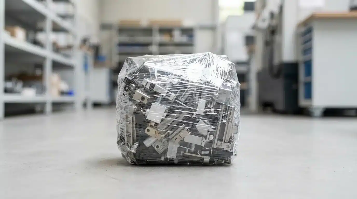 Wrapped bundle of assorted metal parts