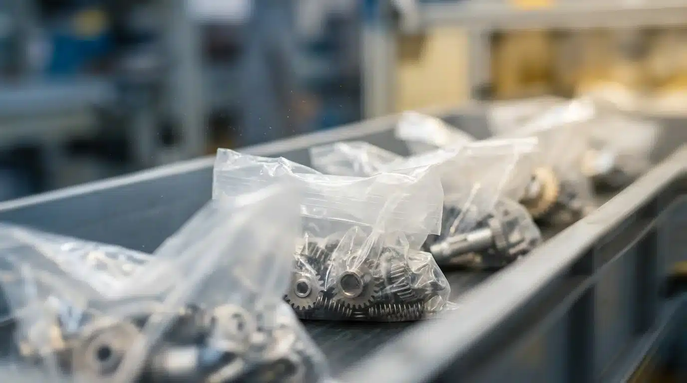 Bags of mechanical parts on conveyor