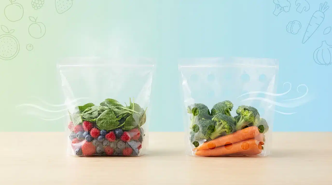 Fresh vegetables and berries in bags