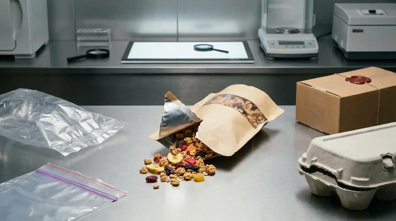 Spilled granola bag on countertop.