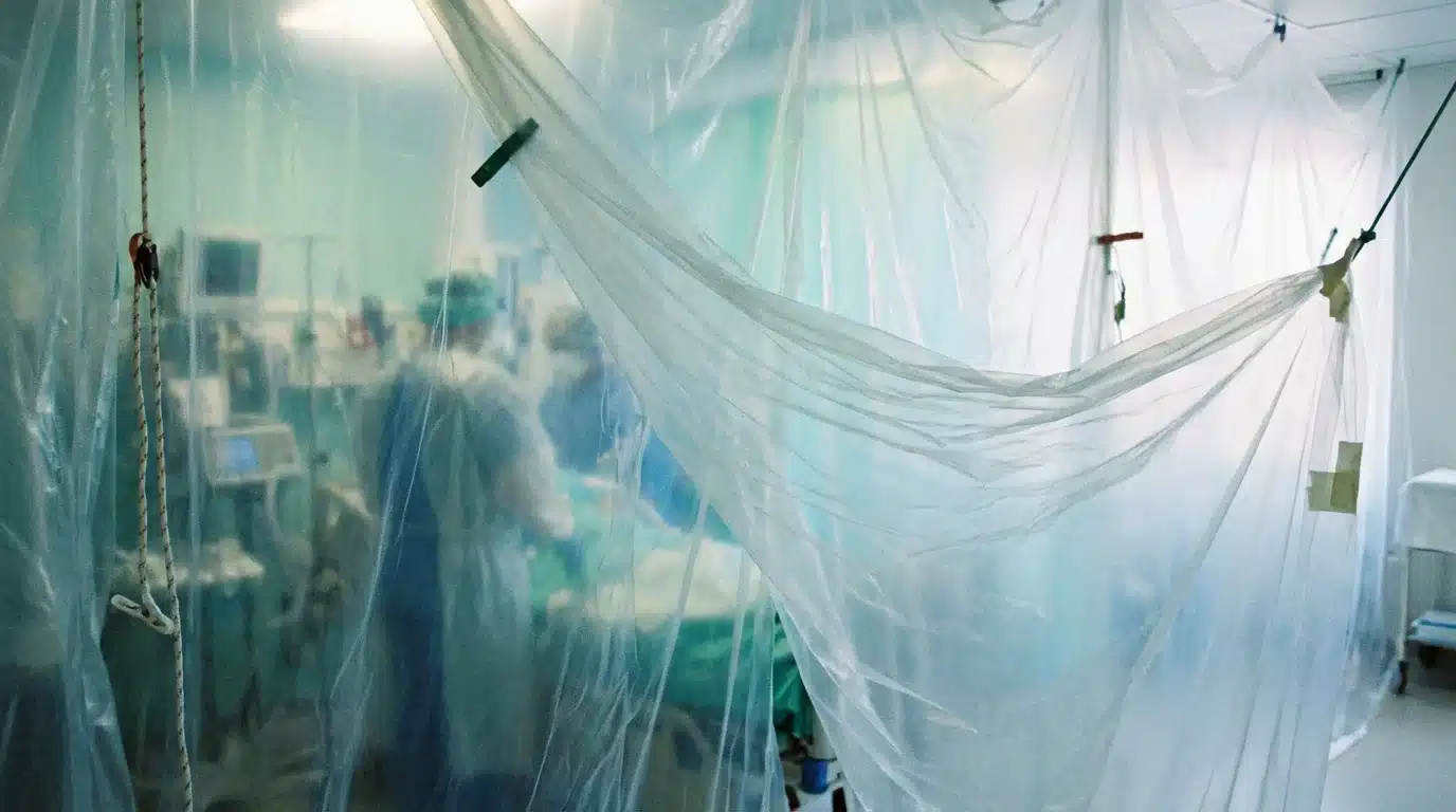 Surgical area behind plastic barriers